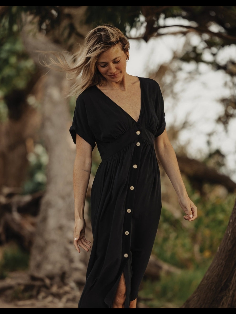 Deep V Button Thru Dress in Black